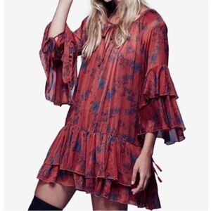Free People Red Sunsetter Sheer Flowy Dress Sz L